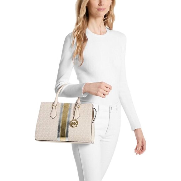 NEW Michael Kors Sheila Medium Crossbody Satchel Pale Gold Handbag PVC & Leather